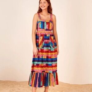 Farm Rio Soleli Striped Maxi Dress Beaded Tassel Belt Multicolor Size S